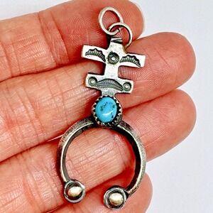 Navajo Naja Cross Pendant Turquoise‎ 2in Signed Billah Sterling Squash Blossom